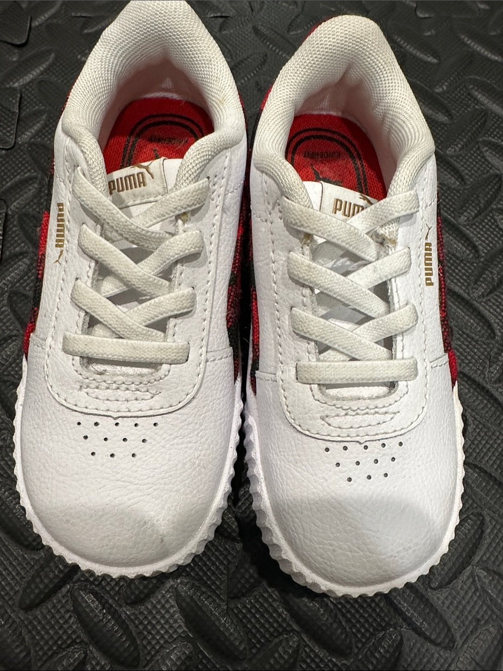 Puma Kids White Sneakers with Red Plaid Accents